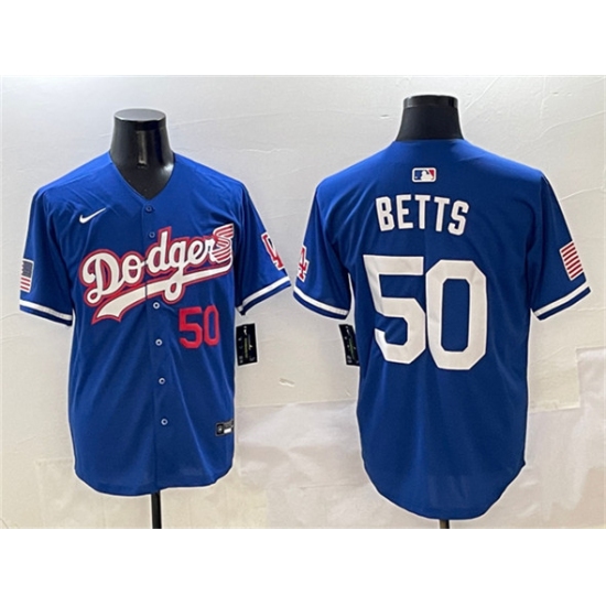 Men's Los Angeles Dodgers #50 Mookie Betts Royal With American Flag Limited Stitched Baseball Jersey - Ujersey