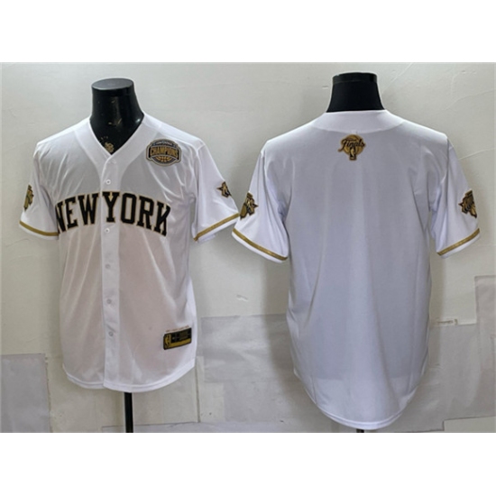 Men's New York Knicks Blank White Gold 2026 Finals & Eastern Conference Champions Stitched Baseball Jersey - Ujersey
