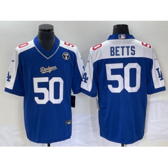 Men's Los Angeles Dodgers #50 Mookie Betts Blue Vin Scully Stitched Jersey - Ujersey