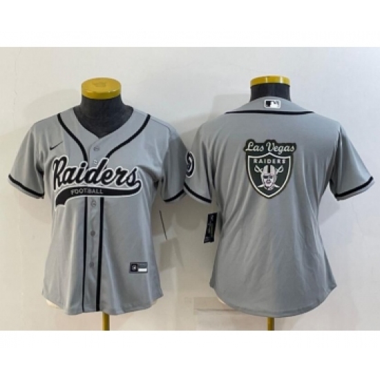 Women's Las Vegas Raiders Grey Team Big Logo With Patch Cool Base Stitched Baseball Jersey - Ujersey