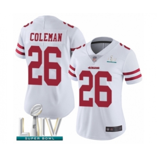 Women's San Francisco 49ers #26 Tevin Coleman White Vapor Untouchable Limited Player Super Bowl LIV Bound Football Jersey
