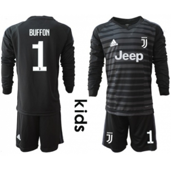 Juventus #1 Buffon Black Goalkeeper Long Sleeves Kid Soccer Club Jersey