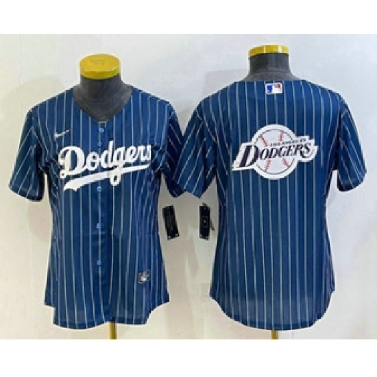 Women's Los Angeles Dodgers Big Logo Navy Blue Pinstripe Stitched MLB Cool Base Nike Jersey - Ujersey