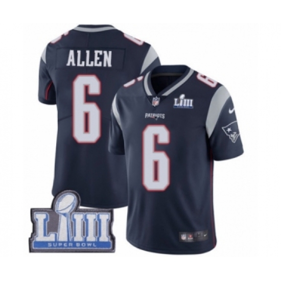 Youth Nike New England Patriots #6 Ryan Allen Navy Blue Team Color Vapor Untouchable Limited Player Super Bowl LIII Bound NFL Jersey - Ujersey