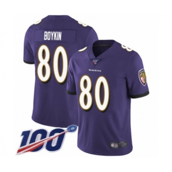 Men's Baltimore Ravens #80 Miles Boykin Purple Team Color Vapor Untouchable Limited Player 100th Season Football Jersey