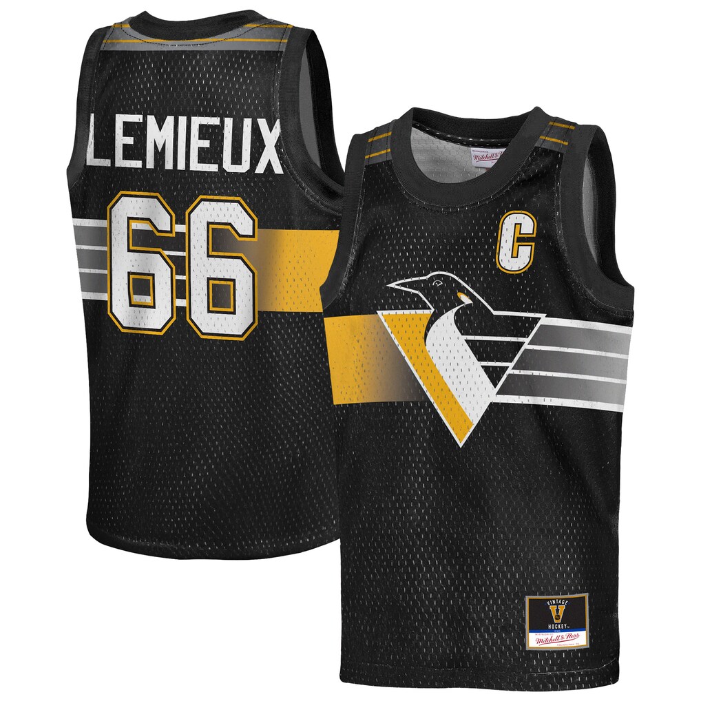 Youth Pittsburgh Penguins Mario Lemieux Mitchell & Ness Black Maxxed Out Fashion Basketball Jersey