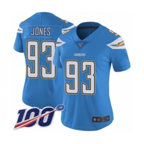 Women's Los Angeles Chargers #93 Justin Jones Electric Blue Alternate Vapor Untouchable Limited Player 100th Season Football Jersey - Ujersey