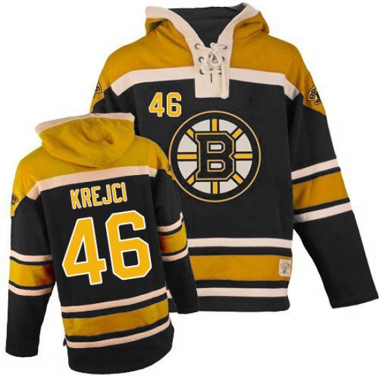 Men's Old Time Hockey Boston Bruins #46 David Krejci Premier Black Sawyer Hooded Sweatshirt NHL Jersey - Ujersey