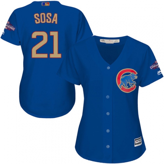 Women's Majestic Chicago Cubs #21 Sammy Sosa Authentic Royal Blue 2017 Gold Champion MLB Jersey - Ujersey