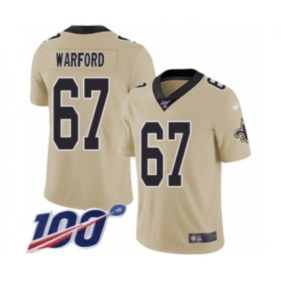 Men's New Orleans Saints #67 Larry Warford Limited Gold Inverted Legend 100th Season Football Jersey - Ujersey