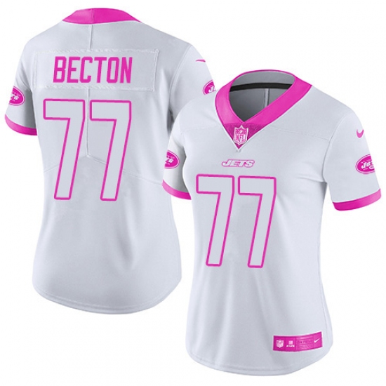 Women's New York Jets #77 Mekhi Becton White Pink Stitched Limited Rush Fashion Jersey - Ujersey