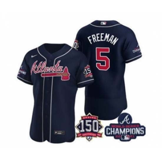 Men's Atlanta Braves #5 Freddie Freeman 2021 Navy World Series Champions With 150th Anniversary Flex Base Stitched Jersey - Ujersey