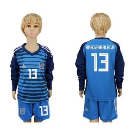 Spain #13 Arrizabalaga Blue Long Sleeves Goalkeeper Kid Soccer Country Jersey