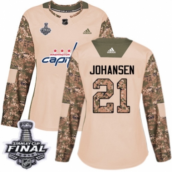 Women's Adidas Washington Capitals #21 Lucas Johansen Authentic Camo Veterans Day Practice 2018 Stanley Cup Final NHL Jersey - Ujersey