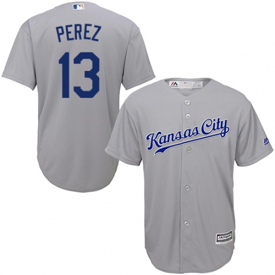 Youth Majestic Kansas City Royals #13 Salvador Perez Authentic Grey Road Cool Base MLB Jersey - Ujersey