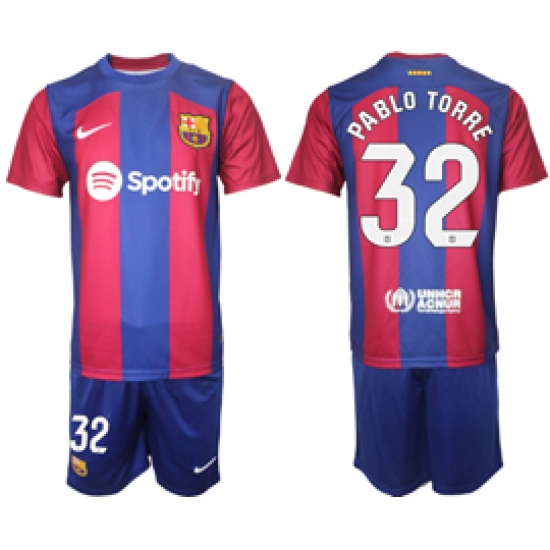 Men's Barcelona #32 Pablo Torre Blue Red 2023-24 Home Soccer Jersey