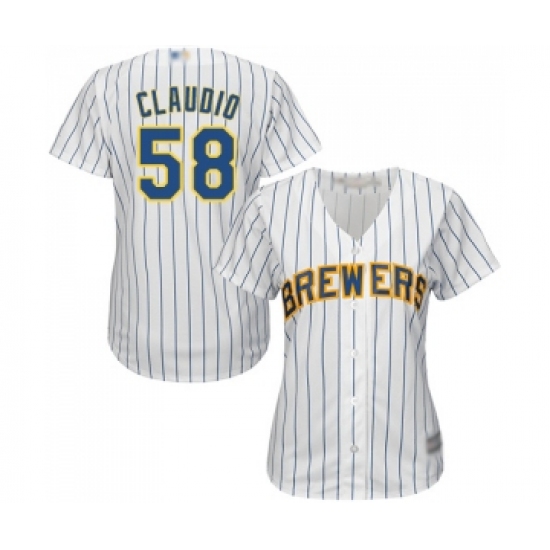 Women's Milwaukee Brewers #58 Alex Claudio Replica White Home Cool Base Baseball Jersey