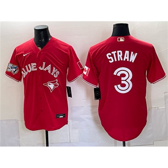 Men's Toronto Blue Jays #3 Myles Straw Red 50 Seasons Patch Stitched Baseball Jersey