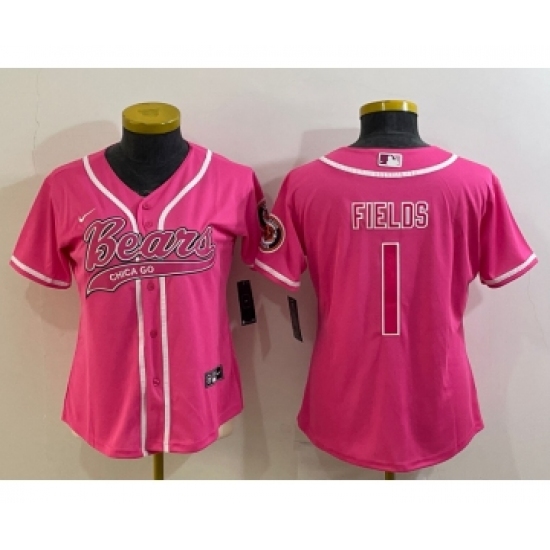 Women's Chicago Bears #1 Justin Fields Pink With Patch Cool Base Stitched Baseball Jersey - Ujersey