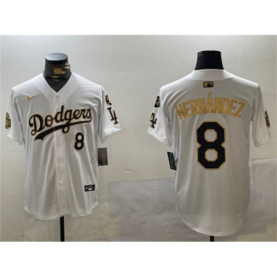 Men's Los Angeles Dodgers #8 Enrique Hernández White Gold 2024 World Series With Fernando Memorial Home Limited Stitched Baseball Jersey - Ujersey
