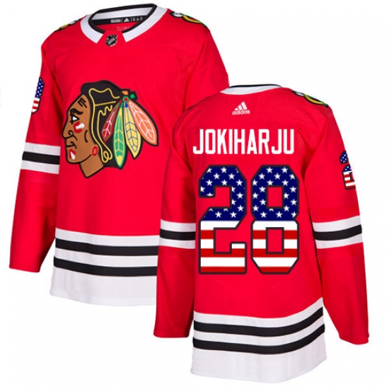 Men's Adidas Chicago Blackhawks #28 Henri Jokiharju Authentic Red USA Flag Fashion NHL Jersey - Ujersey