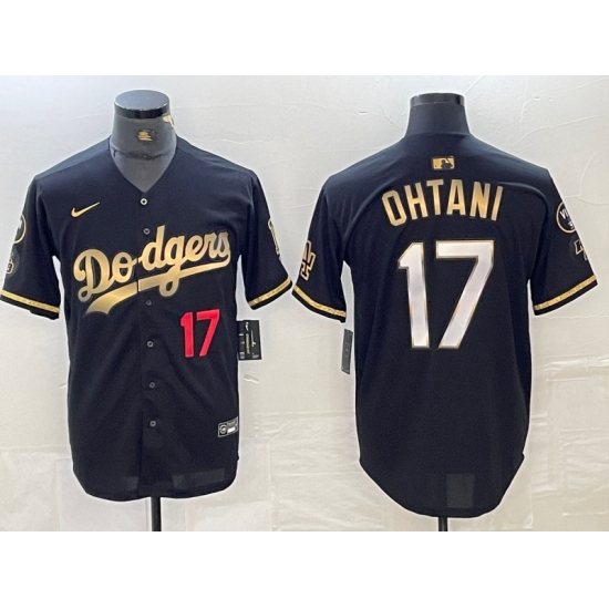Men's Los Angeles Dodgers #17 Shohei Ohtani Number Black Gold Stitched Cool Base Nike Jersey - ujerseystore