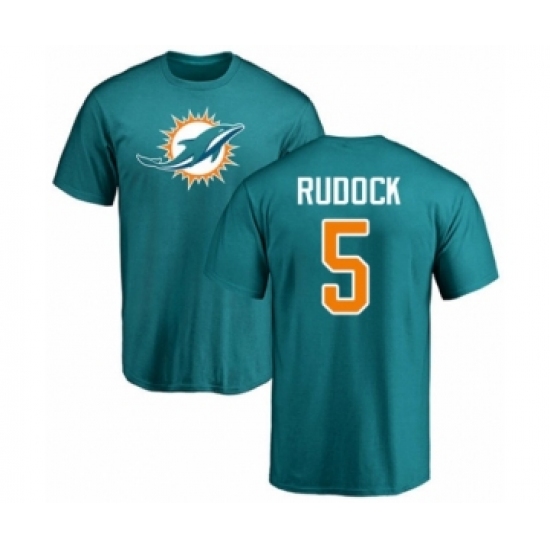 Football Miami Dolphins #5 Jake Rudock Aqua Green Name & Number Logo T-Shirt - Ujersey