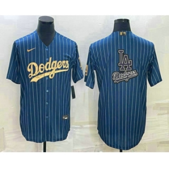 Men's Los Angeles Dodgers Big Logo Navy Blue Pinstripe Stitched MLB Cool Base Nike Jerseys - Ujersey