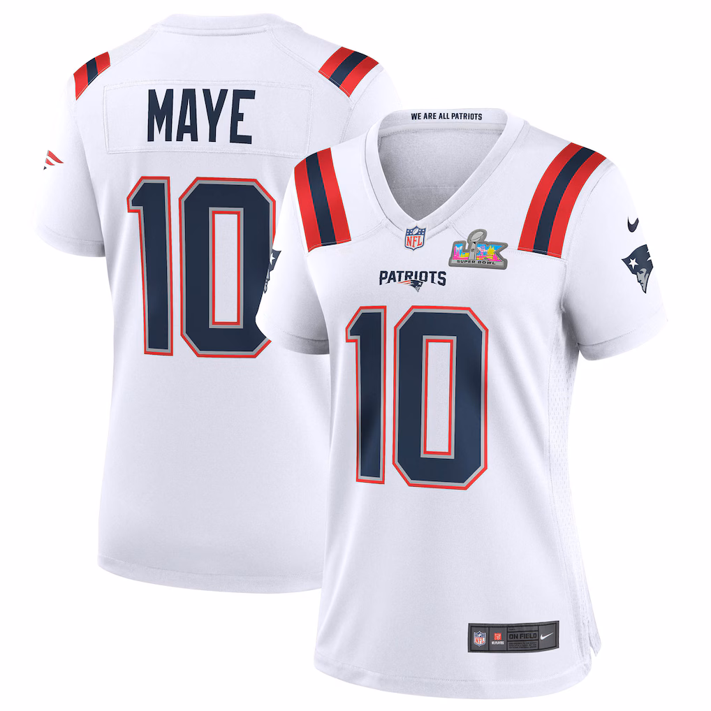 Women's New England Patriots Drake Maye Nike White Super Bowl LX Patch Game Jersey