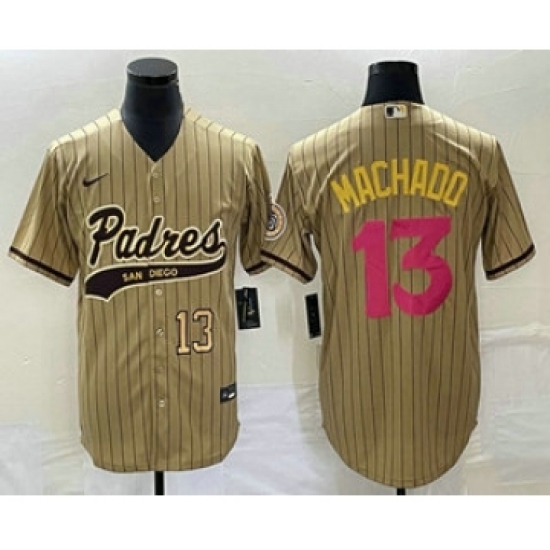 Men's San Diego Padres #13 Manny Machado Number Tan Pinstripe 2023 City Connect Cool Base Stitched Jersey - Ujersey