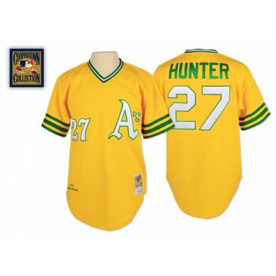 Men's Mitchell and Ness Oakland Athletics #27 Catfish Hunter Replica Gold Throwback MLB Jersey - Ujersey