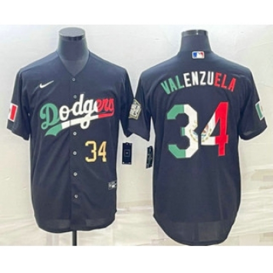 Mens Los Angeles Dodgers #34 Fernando Valenzuela Number Mexico Black Cool Base Stitched Baseball Jersey - Ujersey