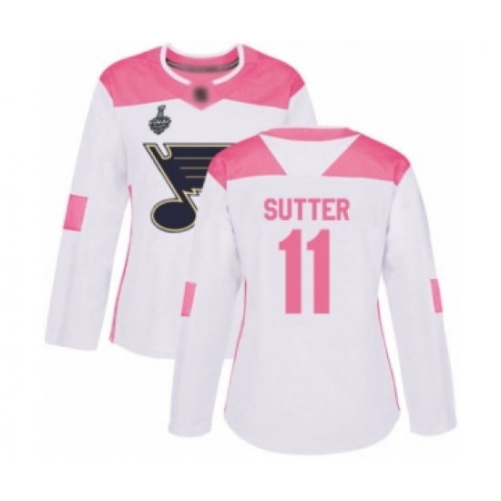 Women's St. Louis Blues #11 Brian Sutter Authentic White Pink Fashion 2019 Stanley Cup Final Bound Hockey Jersey - Ujersey