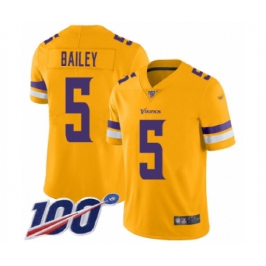 Men's Minnesota Vikings #5 Dan Bailey Limited Gold Inverted Legend 100th Season Football Jersey - Ujersey