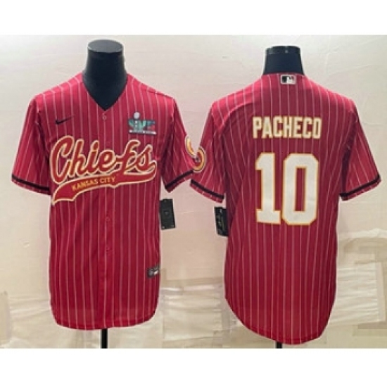 Men's Kansas City Chiefs #10 Isiah Pacheco Red Pinstripe With Super Bowl LVII Patch Cool Base Stitched Baseball Jersey - Ujersey