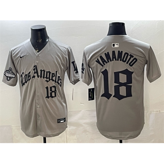 Men's Los Angeles Dodgers #18 Yoshinobu Yamamoto Grey LA Gothic Style With 2025 World Series Champions Limited Stitched Baseball Jersey - Ujersey