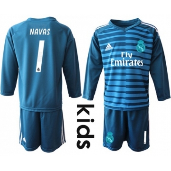 Real Madrid #1 Navas Blue Goalkeeper Long Sleeves Kid Soccer Club Jersey