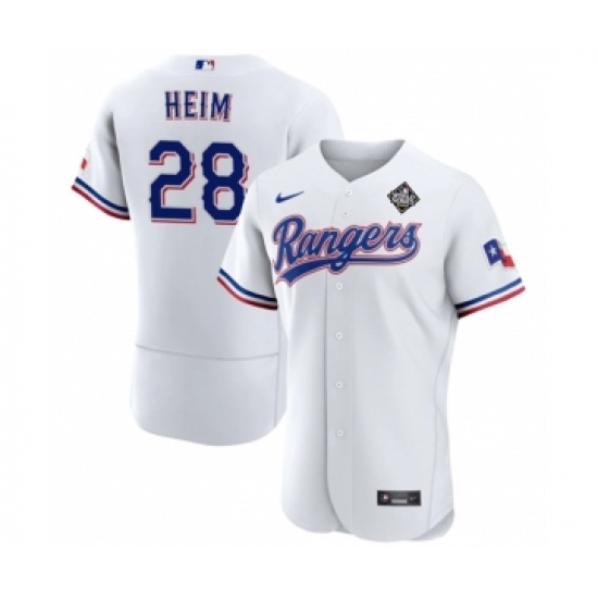 Men's Texas Rangers #28 Jonah Heim White 2023 World Series Flex Base Stitched Baseball Jersey - Ujersey
