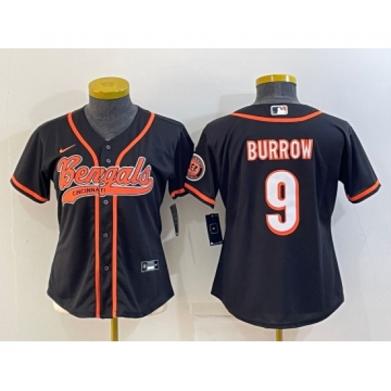 Women's Cincinnati Bengals #9 Joe Burrow Black With Patch Cool Base Stitched Baseball Jersey - Ujersey