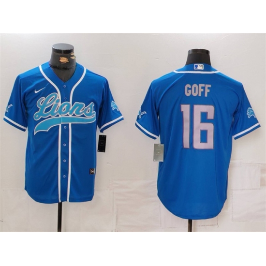 Men's Detroit Lions #16 Jared Goff Blue Cool Base Stitched Baseball Jersey - Ujersey