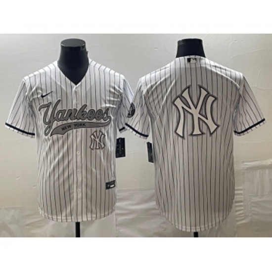 Men's New York Yankees Big Logo White Pinstripe Cool Base Stitched Baseball Jersey - Ujersey