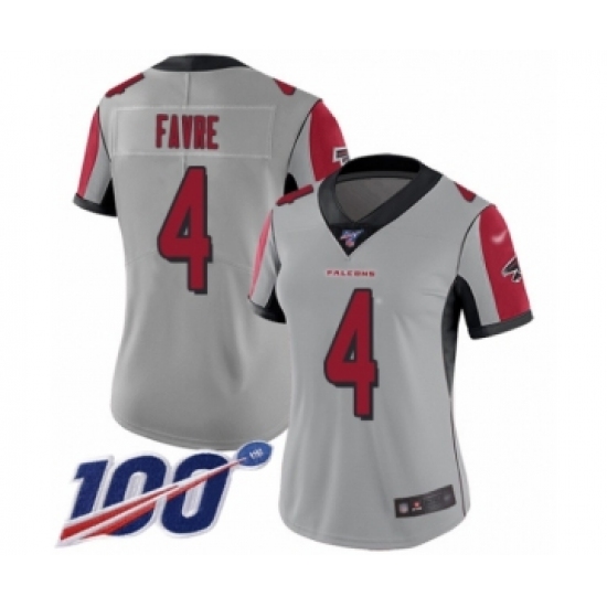 Women's Atlanta Falcons #4 Brett Favre Limited Silver Inverted Legend 100th Season Football Jersey - Ujersey