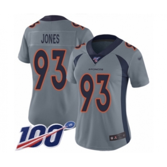 Women's Denver Broncos #93 Dre'Mont Jones Limited Silver Inverted Legend 100th Season Football Jersey - Ujersey