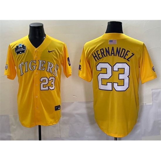Men's LSU Tigers #23 Luis Hernandez Gold 2025 World Series & SEC Patch Stitched Baseball Jersey - Ujersey