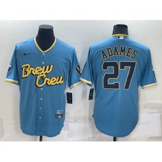 Men's Milwaukee Brewers #27 Willy Adames 2022 Powder Blue City Connect Cool Base Stitched Jersey - Ujersey