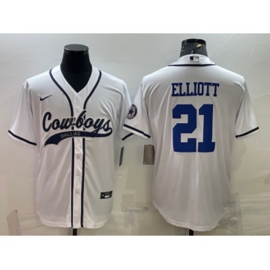 Men's Dallas Cowboys #21 Ezekiel Elliott White With Patch Cool Base Stitched Baseball Jersey - Ujersey
