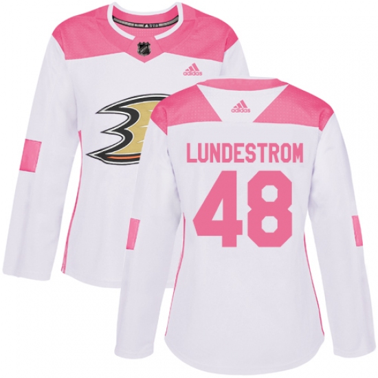 Women's Adidas Anaheim Ducks #48 Isac Lundestrom Authentic White Pink Fashion NHL Jersey - Ujersey