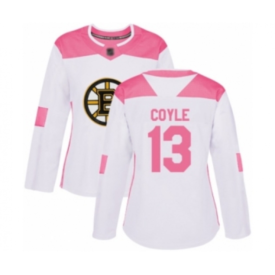 Women's Boston Bruins #13 Charlie Coyle Authentic White Pink Fashion Hockey Jersey - Ujersey