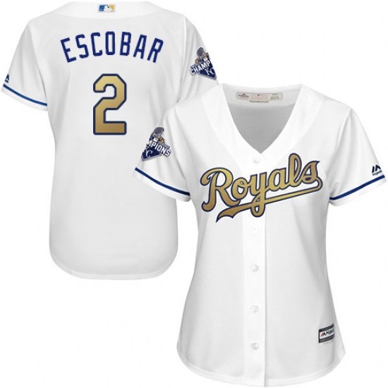 Women's Majestic Kansas City Royals #2 Alcides Escobar Authentic White 2015 World Series Champions Gold Program Cool Base MLB Jersey - Ujersey