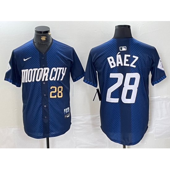 Mens Detroit Tigers #28 Javier Baez Number 2024 Navy City Connect Cool Base Limited Stitched Jersey